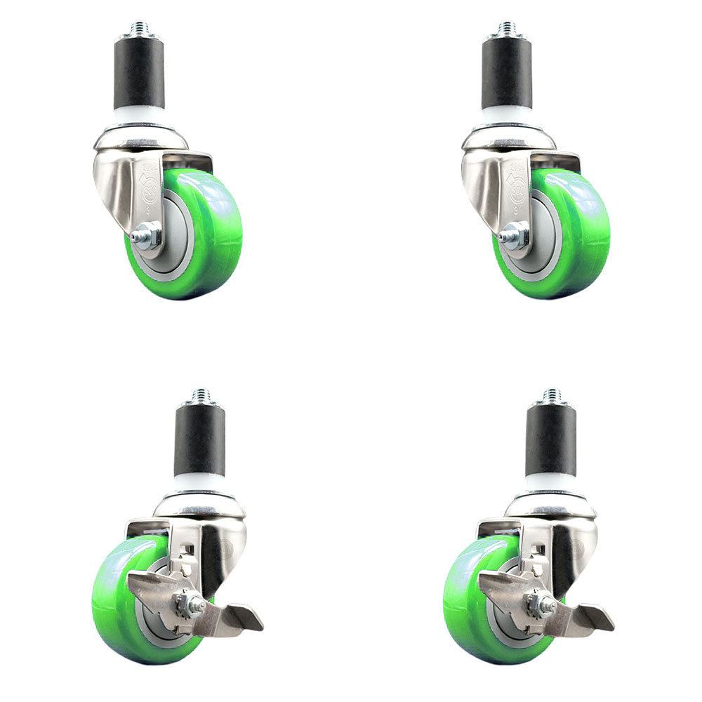 Polyurethane Swivel Stem Caster Set of 4 with 3 Inch Green Caster Wheels - 1-5/8" Expanding Stems - 316 Stainless Steel Casters-Includes 2 Swivel with Top Lock Brakes and 2 Swivel-Service Caster Brand — photo 1