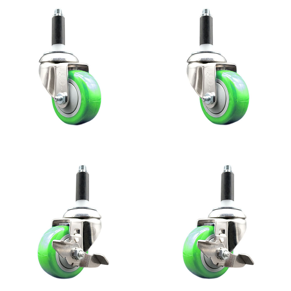 Polyurethane Swivel Stem Caster Set of 4 with 3 Inch Green Caster Wheels - 3/4" Expanding Stems - 316 Stainless Steel Casters - Includes 2 Swivel with Top Lock Brakes and 2 Swivel-Service Caster Brand — photo 1