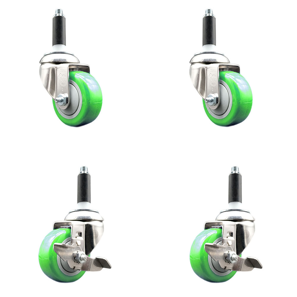 Polyurethane Swivel Stem Caster Set of 4 with 3 Inch Green Caster Wheels - 7/8" Expanding Stems - 316 Stainless Steel Casters - Includes 2 Swivel with Top Lock Brakes and 2 Swivel-Service Caster Brand — photo 1