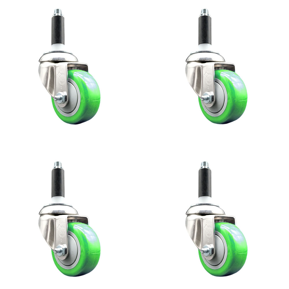 Polyurethane Swivel Stem Caster Set of 4 with 3 Inch Green Caster Wheels - 3/4" Expanding Stems - 316 Stainless Steel Casters - Includes 4 Swivel Casters - Service Caster Brand — photo 1