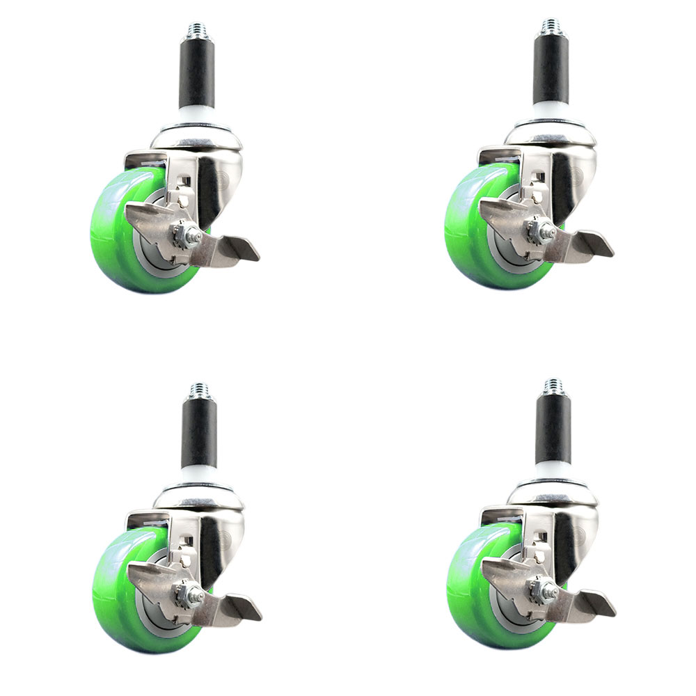 Polyurethane Swivel Stem Caster Set of 4 with 3 Inch Green Caster Wheels - 1" Expanding Stems - 316 Stainless Steel Casters - Includes 4 Swivel Casters with Top Lock Brakes - Service Caster Brand — photo 1