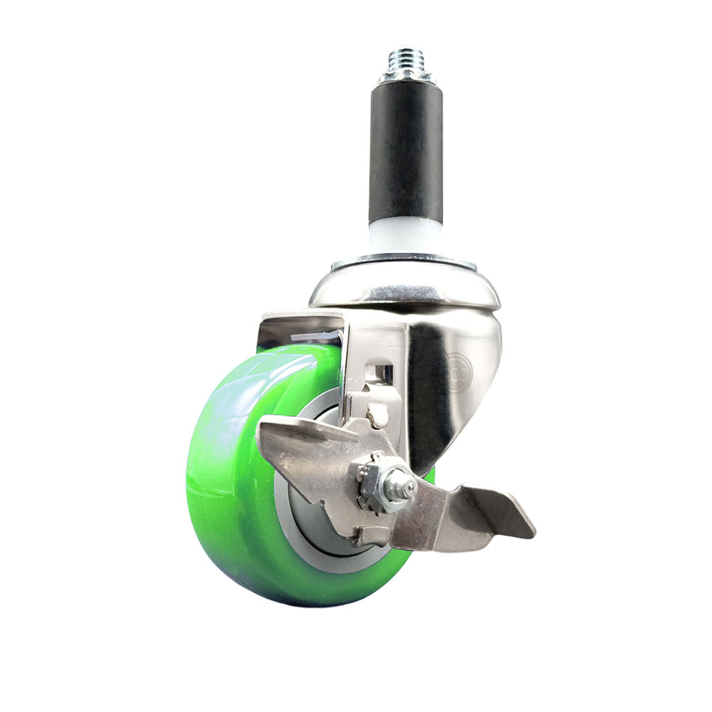 Polyurethane Swivel Stem Caster with 3 Inch Green Caster Wheel and Top Lock Brake - 1" Expanding Stem - 316 Stainless Steel Caster - 300 lbs. Capacity Per Caster - Service Caster Brand — photo 1