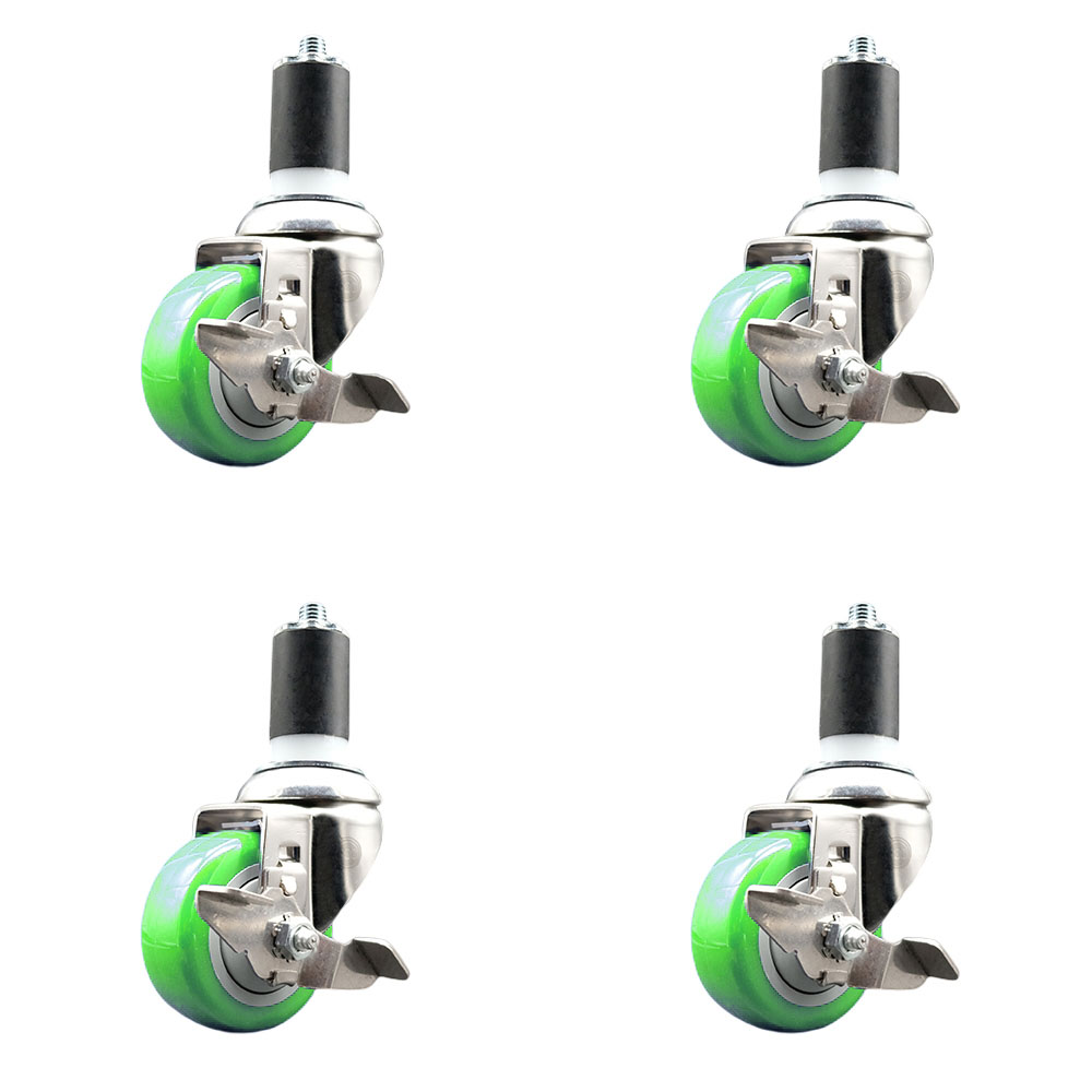 Polyurethane Swivel Stem Caster Set of 4 with 3 Inch Green Caster Wheels - 1-1/2" Expanding Stems - 316 Stainless Steel Casters - Includes 4 Swivel Casters with Top Lock Brakes - Service Caster Brand — photo 1