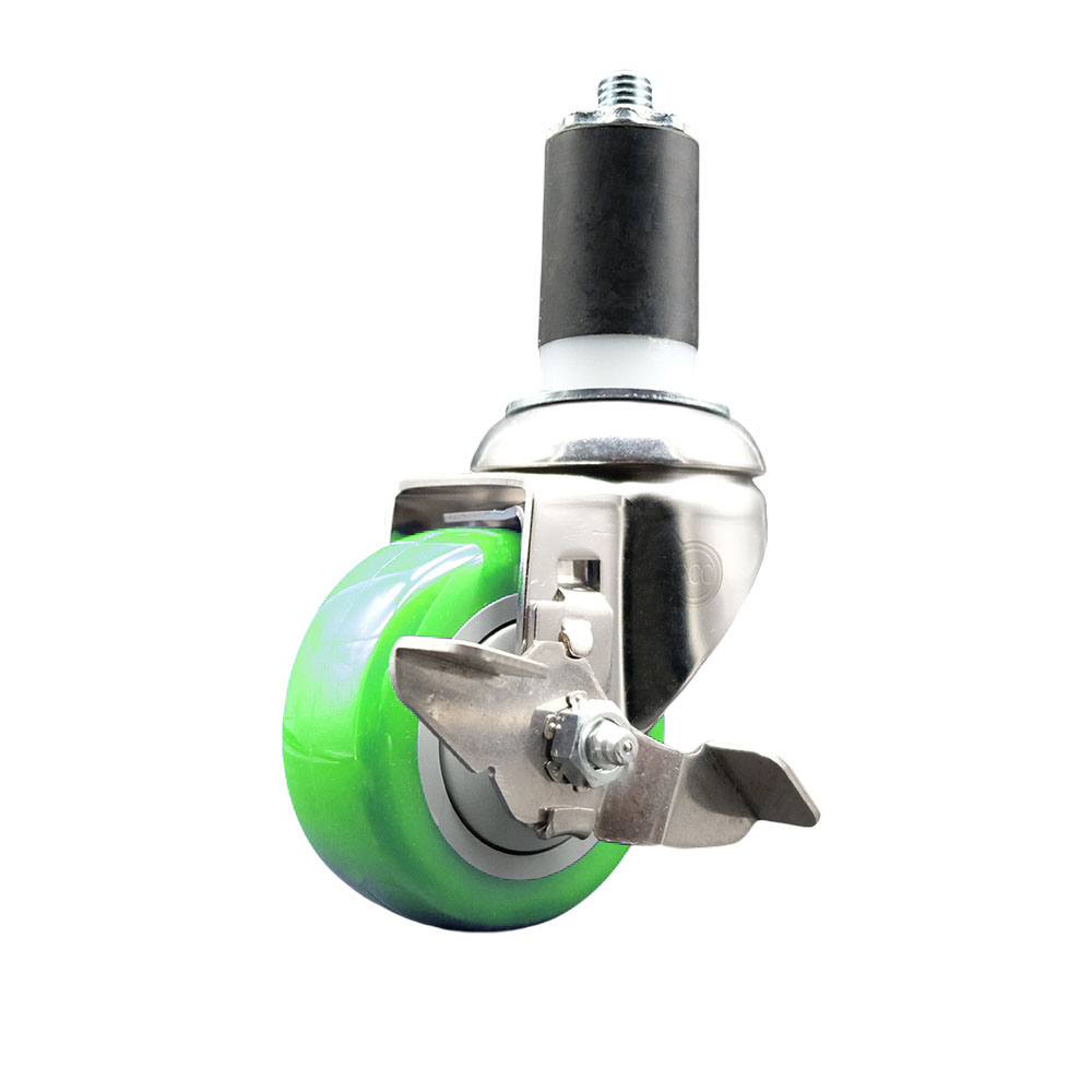 Polyurethane Swivel Stem Caster with 3 Inch Green Caster Wheel and Top Lock Brake - 1-1/2" Expanding Stem - 316 Stainless Steel Caster - 300 lbs. Capacity Per Caster - Service Caster Brand — photo 1
