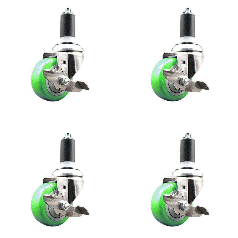 Polyurethane Swivel Stem Caster Set of 4 with 3 Inch Green Caster Wheels - 1-1/4" Expanding Stems - 316 Stainless Steel Casters - Includes 4 Swivel Casters with Top Lock Brakes - Service Caster Brand — photo 1