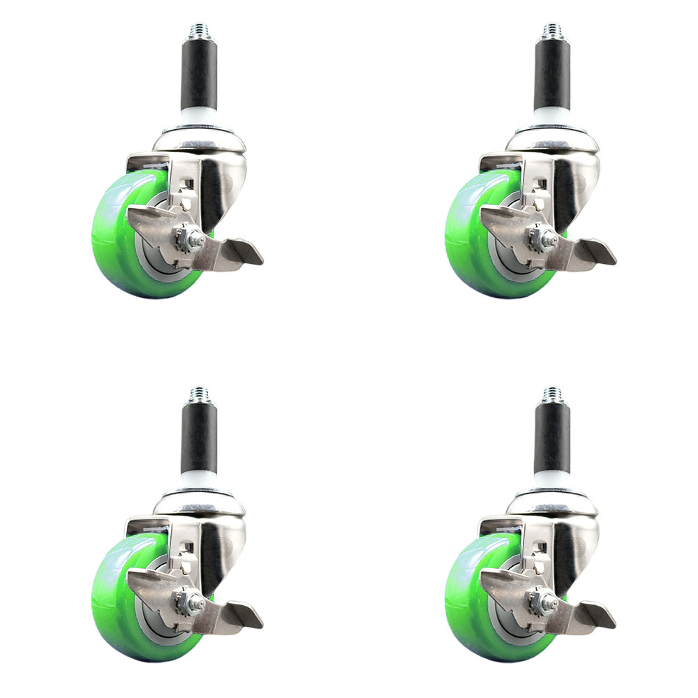 Polyurethane Swivel Stem Caster Set of 4 with 3 Inch Green Caster Wheels - 1-1/8" Expanding Stems - 316 Stainless Steel Casters - Includes 4 Swivel Casters with Top Lock Brakes - Service Caster Brand — photo 1