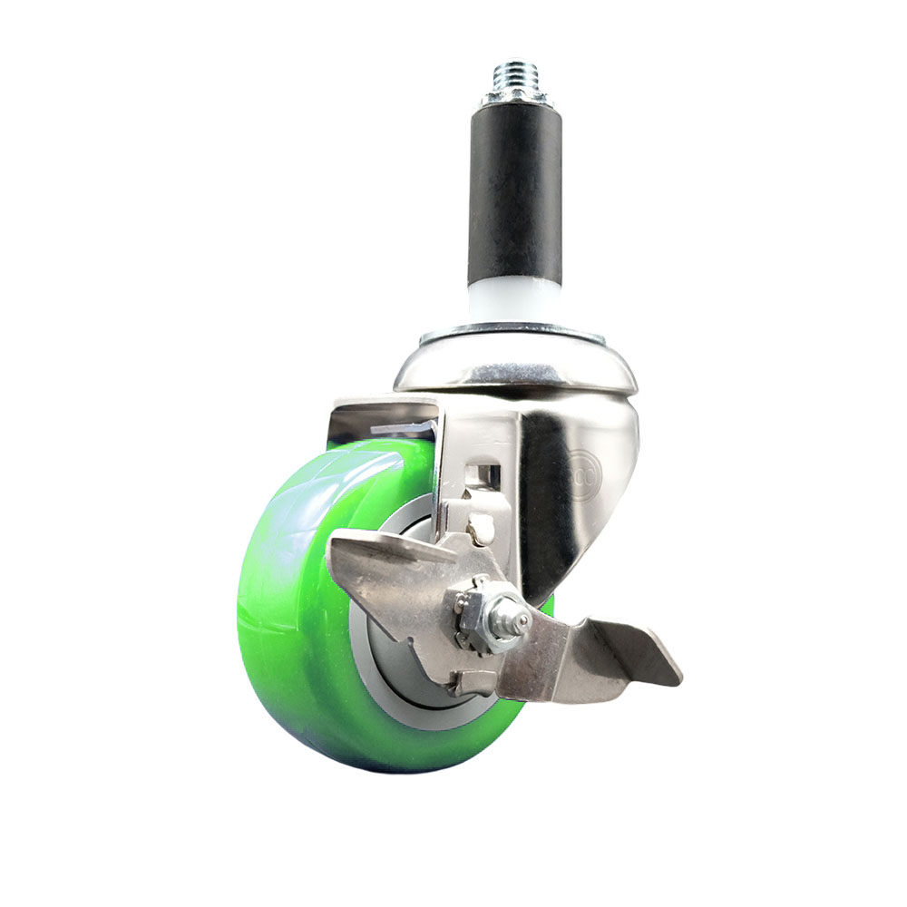 Polyurethane Swivel Stem Caster with 3 Inch Green Caster Wheel and Top Lock Brake - 1-1/8" Expanding Stem - 316 Stainless Steel Caster - 300 lbs. Capacity Per Caster - Service Caster Brand — photo 1