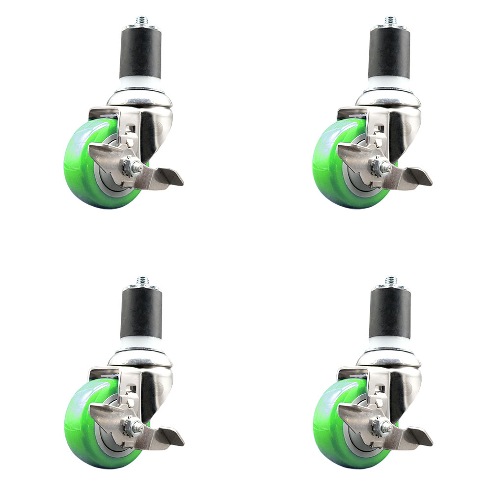 Polyurethane Swivel Stem Caster Set of 4 with 3 Inch Green Caster Wheels - 1-3/4" Expanding Stems - 316 Stainless Steel Casters - Includes 4 Swivel Casters with Top Lock Brakes - Service Caster Brand — photo 1