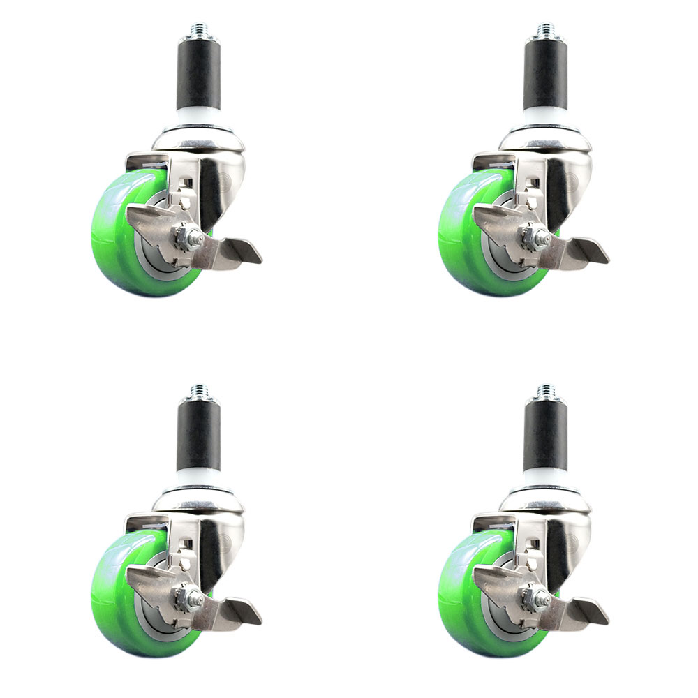 Polyurethane Swivel Stem Caster Set of 4 with 3 Inch Green Caster Wheels - 1-3/8" Expanding Stems - 316 Stainless Steel Casters - Includes 4 Swivel Casters with Top Lock Brakes - Service Caster Brand — photo 1