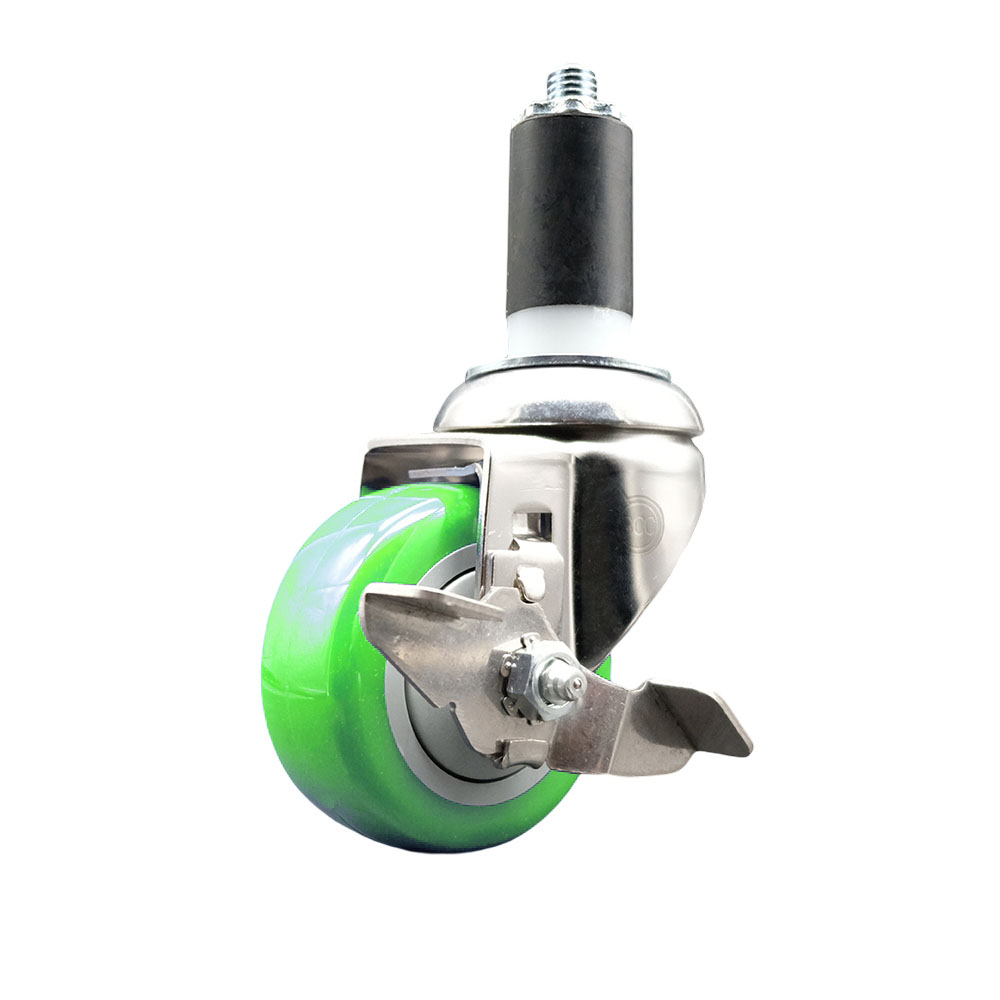 Polyurethane Swivel Stem Caster with 3 Inch Green Caster Wheel and Top Lock Brake - 1-3/8" Expanding Stem - 316 Stainless Steel Caster - 300 lbs. Capacity Per Caster - Service Caster Brand — photo 1