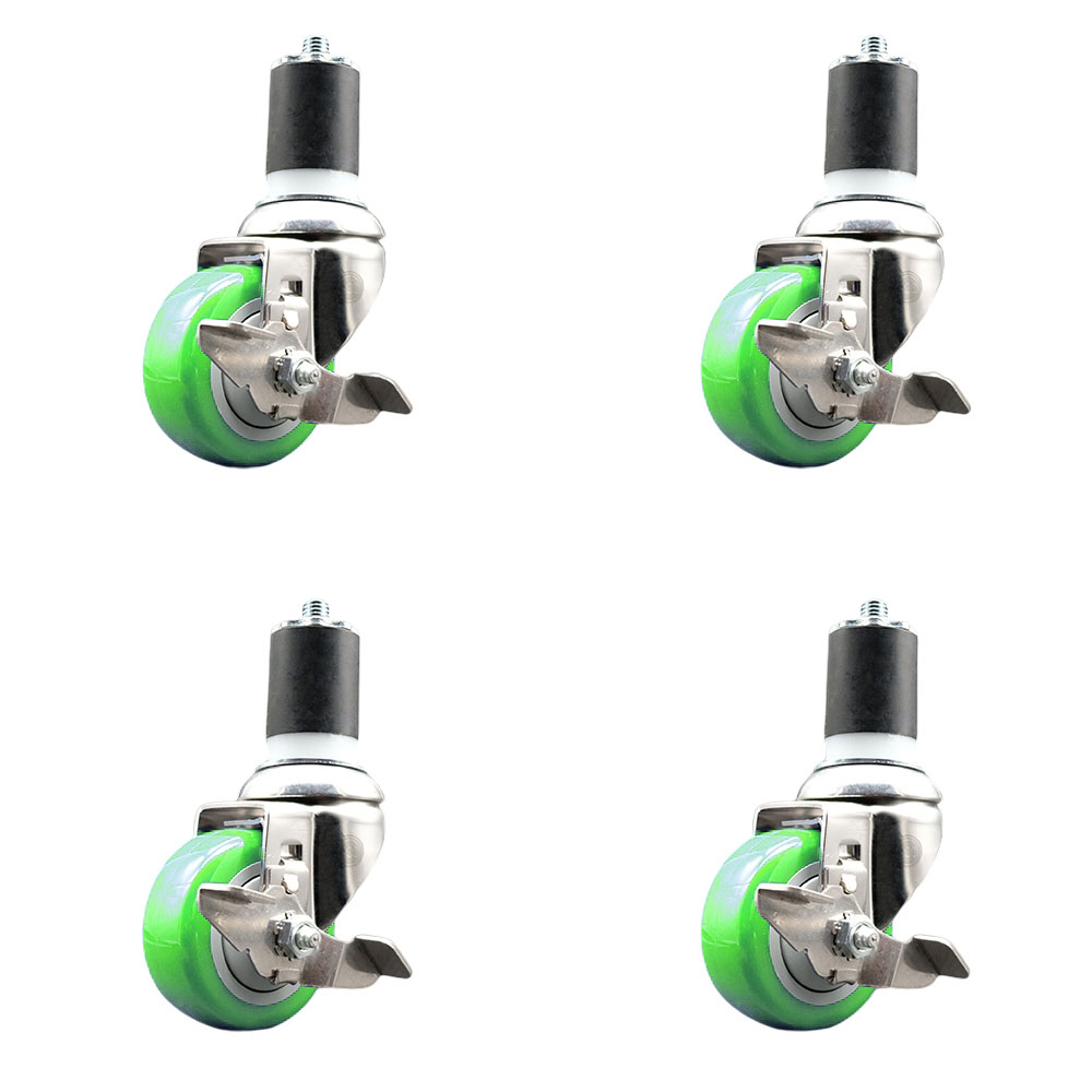 Polyurethane Swivel Stem Caster Set of 4 with 3 Inch Green Caster Wheels - 1-7/8" Expanding Stems - 316 Stainless Steel Casters - Includes 4 Swivel Casters with Top Lock Brakes - Service Caster Brand — photo 1