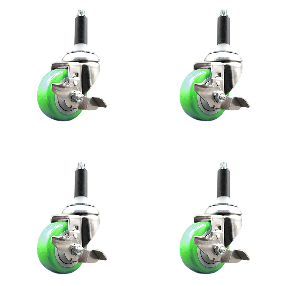 Polyurethane Swivel Stem Caster Set of 4 with 3 Inch Green Caster Wheels - 3/4" Expanding Stems - 316 Stainless Steel Casters - Includes 4 Swivel Casters with Top Lock Brakes - Service Caster Brand — photo 1
