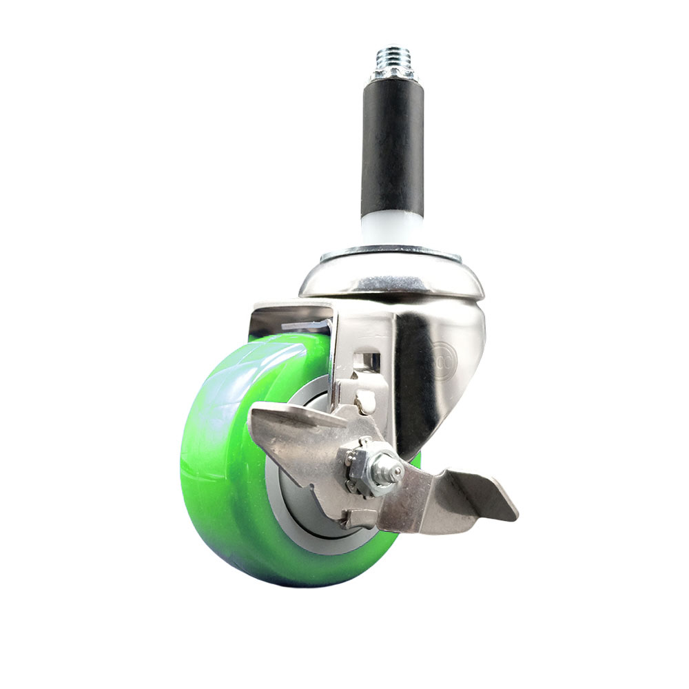 Polyurethane Swivel Stem Caster with 3 Inch Green Caster Wheel and Top Lock Brake - 3/4" Expanding Stem - 316 Stainless Steel Caster - 300 lbs. Capacity Per Caster - Service Caster Brand — photo 1