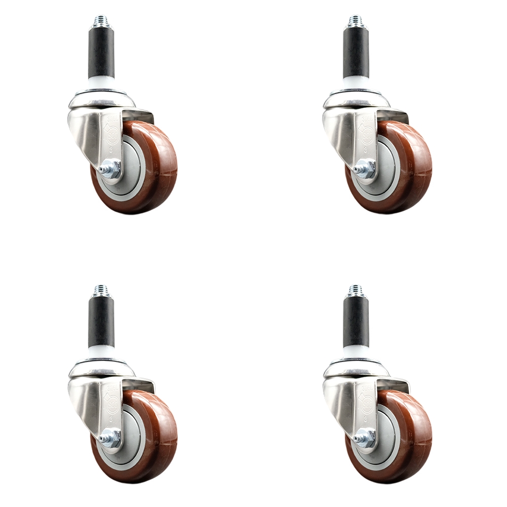 Polyurethane Swivel Stem Caster Set of 4 with 3 Inch Maroon Caster Wheels - 1" Expanding Stems - 316 Stainless Steel Casters - Includes 4 Swivel Casters - Service Caster Brand — photo 1