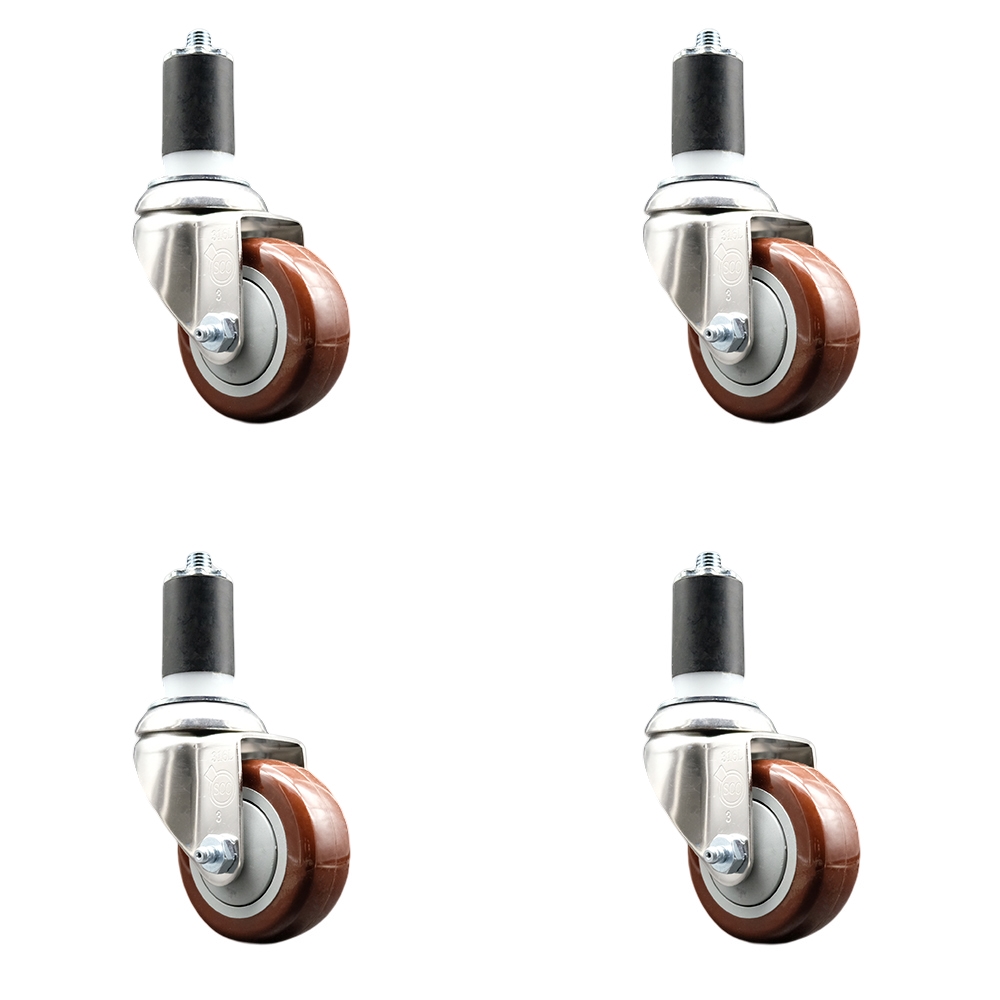 Polyurethane Swivel Stem Caster Set of 4 with 3 Inch Maroon Caster Wheels - 1-1/2" Expanding Stems - 316 Stainless Steel Casters - Includes 4 Swivel Casters - Service Caster Brand — photo 1