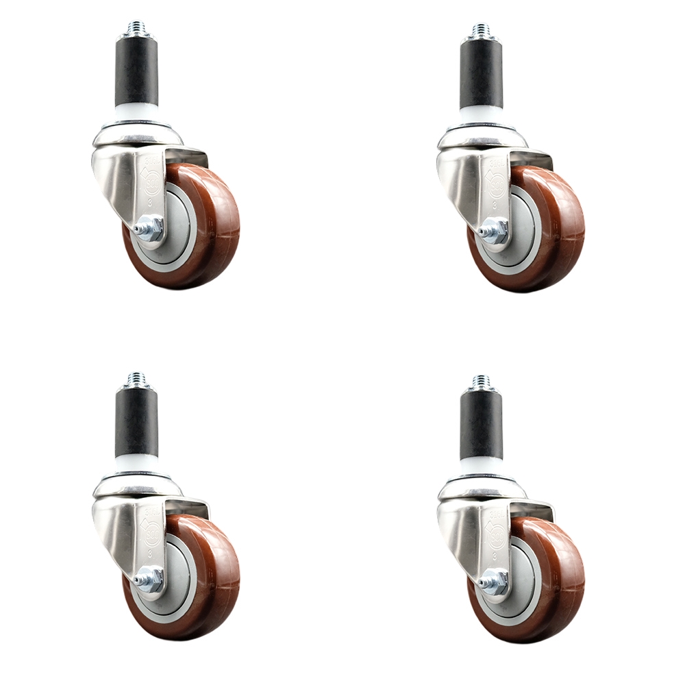 Polyurethane Swivel Stem Caster Set of 4 with 3 Inch Maroon Caster Wheels - 1-1/4" Expanding Stems - 316 Stainless Steel Casters - Includes 4 Swivel Casters - Service Caster Brand — photo 1