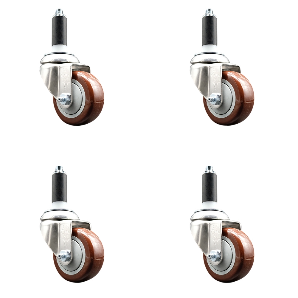 Polyurethane Swivel Stem Caster Set of 4 with 3 Inch Maroon Caster Wheels - 1-1/8" Expanding Stems - 316 Stainless Steel Casters - Includes 4 Swivel Casters - Service Caster Brand — photo 1