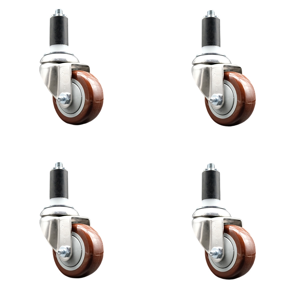 Polyurethane Swivel Stem Caster Set of 4 with 3 Inch Maroon Caster Wheels - 1-3/8" Expanding Stems - 316 Stainless Steel Casters - Includes 4 Swivel Casters - Service Caster Brand — photo 1