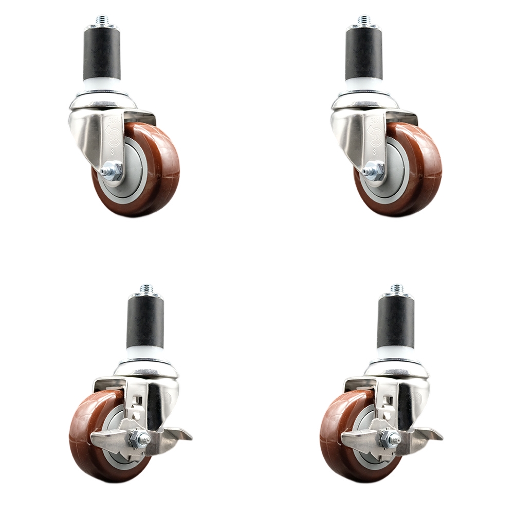 Polyurethane Swivel Stem Caster Set of 4 with 3 Inch Maroon Caster Wheels - 1-1/2" Expanding Stems -316 Stainless Steel Casters-Includes 2 Swivel with Top Lock Brakes and 2 Swivel-Service Caster Brand — photo 1