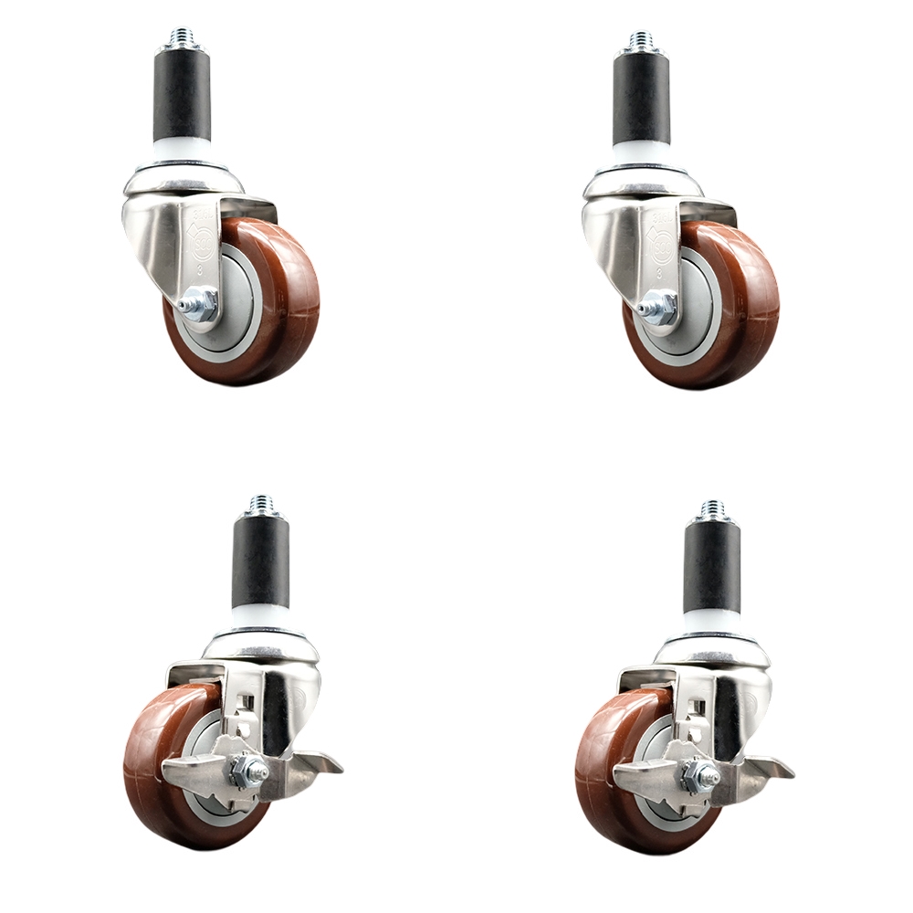 Polyurethane Swivel Stem Caster Set of 4 with 3.5 Inch Maroon Caster Wheels - 1-1/4" Expanding Stem-316 Stainless Steel Casters-Includes 2 Swivel with Top Lock Brakes and 2 Swivel-Service Caster Brand — photo 1