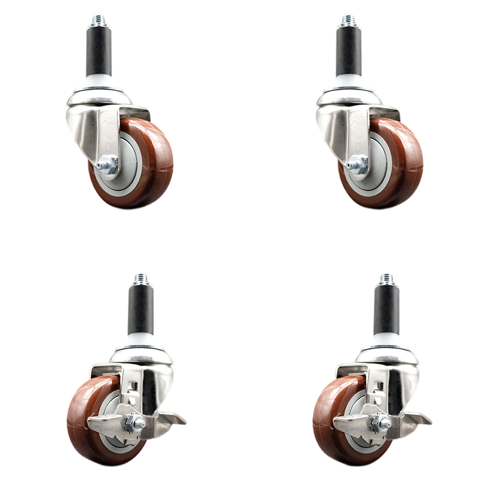 Polyurethane Swivel Stem Caster Set of 4 with 3.5 Inch Maroon Caster Wheels - 1-1/8" Expanding Stem-316 Stainless Steel Casters-Includes 2 Swivel with Top Lock Brakes and 2 Swivel-Service Caster Brand — photo 1
