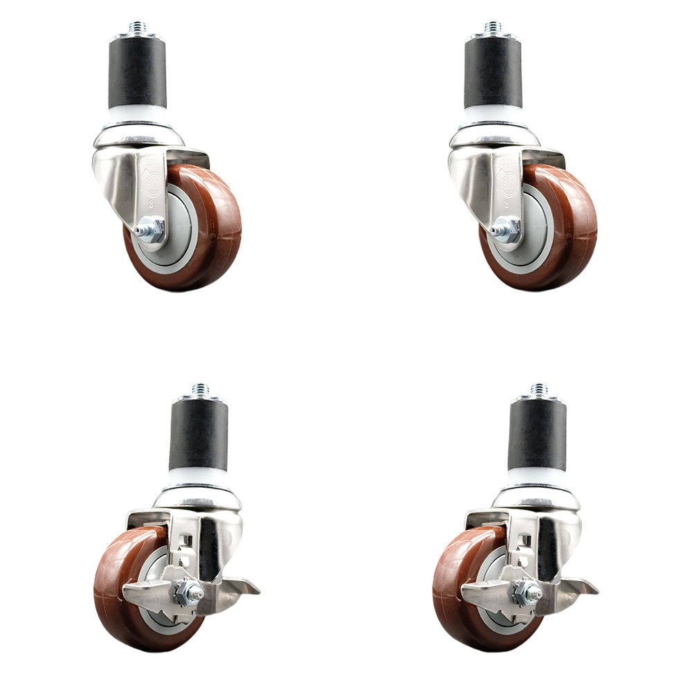 Polyurethane Swivel Stem Caster Set of 4 with 3 Inch Maroon Caster Wheels - 1-3/4" Expanding Stems -316 Stainless Steel Casters-Includes 2 Swivel with Top Lock Brakes and 2 Swivel-Service Caster Brand — photo 1