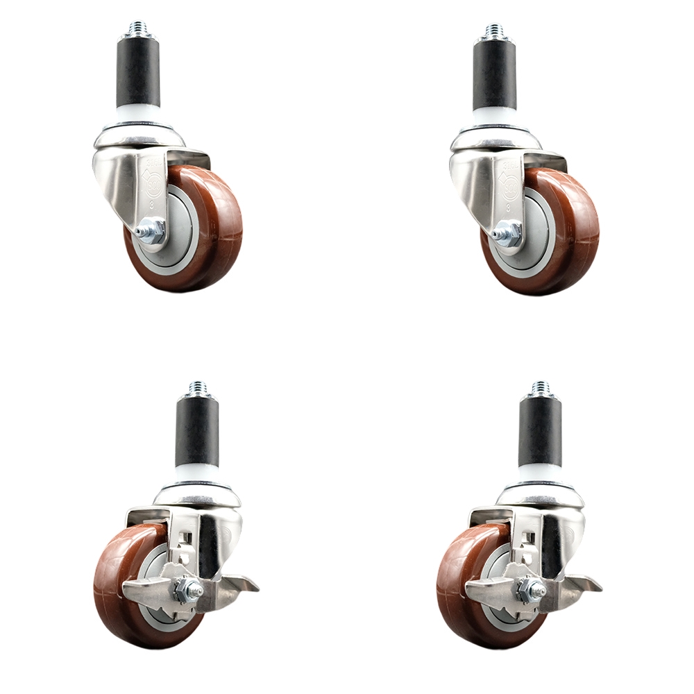 Polyurethane Swivel Stem Caster Set of 4 with 3.5 Inch Maroon Caster Wheels - 1-3/8" Expanding Stem-316 Stainless Steel Casters-Includes 2 Swivel with Top Lock Brakes and 2 Swivel-Service Caster Brand — photo 1