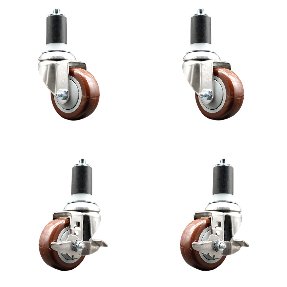 Polyurethane Swivel Stem Caster Set of 4 with 3.5 Inch Maroon Caster Wheels - 1-5/8" Expanding Stem-316 Stainless Steel Casters-Includes 2 Swivel with Top Lock Brakes and 2 Swivel-Service Caster Brand — photo 1