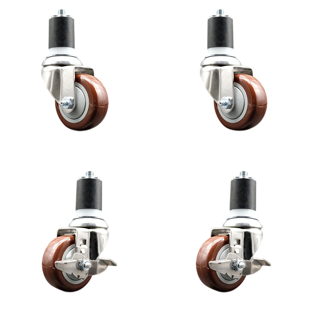 Polyurethane Swivel Stem Caster Set of 4 with 3 Inch Maroon Caster Wheels - 1-7/8" Expanding Stems -316 Stainless Steel Casters-Includes 2 Swivel with Top Lock Brakes and 2 Swivel-Service Caster Brand — photo 1
