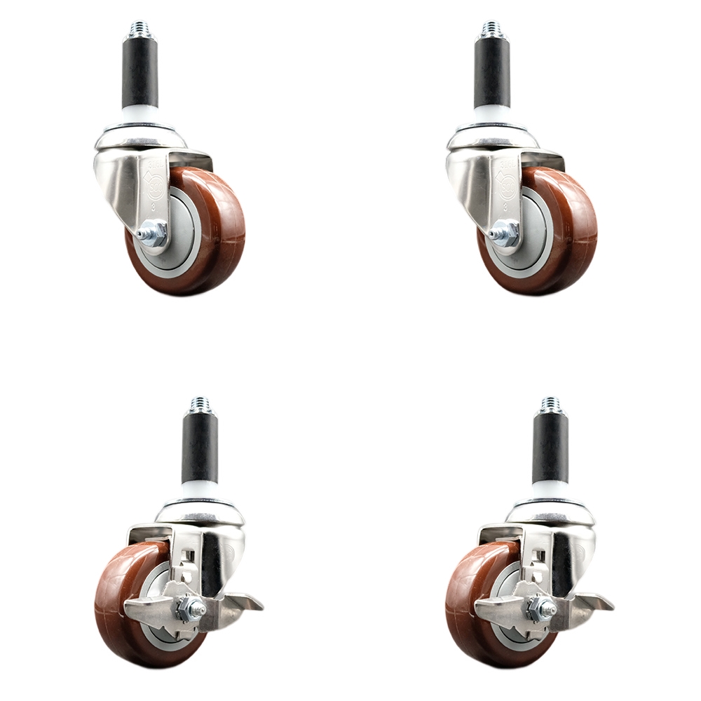 Polyurethane Swivel Stem Caster Set of 4 with 3 Inch Maroon Caster Wheels - 1" Expanding Stems -316 Stainless Steel Casters - Includes 2 Swivel with Top Lock Brakes and 2 Swivel - Service Caster Brand — photo 1