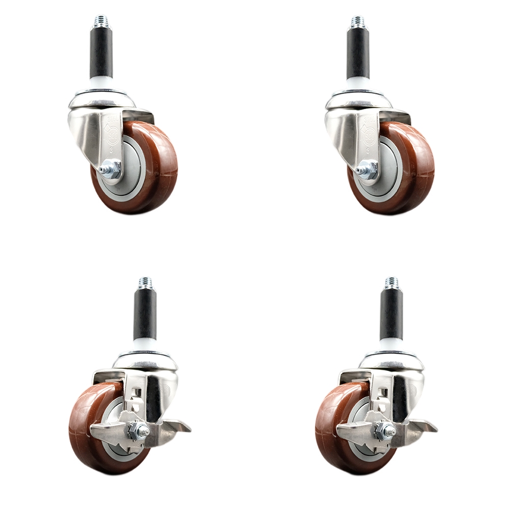 Polyurethane Swivel Stem Caster Set of 4 with 3.5 Inch Maroon Caster Wheels - 3/4" Expanding Stems -316 Stainless Steel Casters-Includes 2 Swivel with Top Lock Brakes and 2 Swivel-Service Caster Brand — photo 1