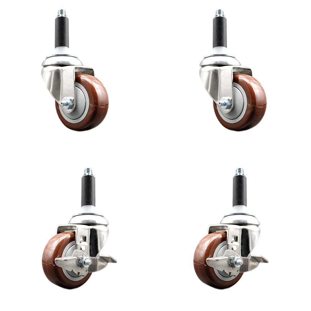 Polyurethane Swivel Stem Caster Set of 4 with 3 Inch Maroon Caster Wheels - 7/8" Expanding Stems -316 Stainless Steel Casters - Includes 2 Swivel with Top Lock Brakes and 2 Swivel-Service Caster Brand — photo 1
