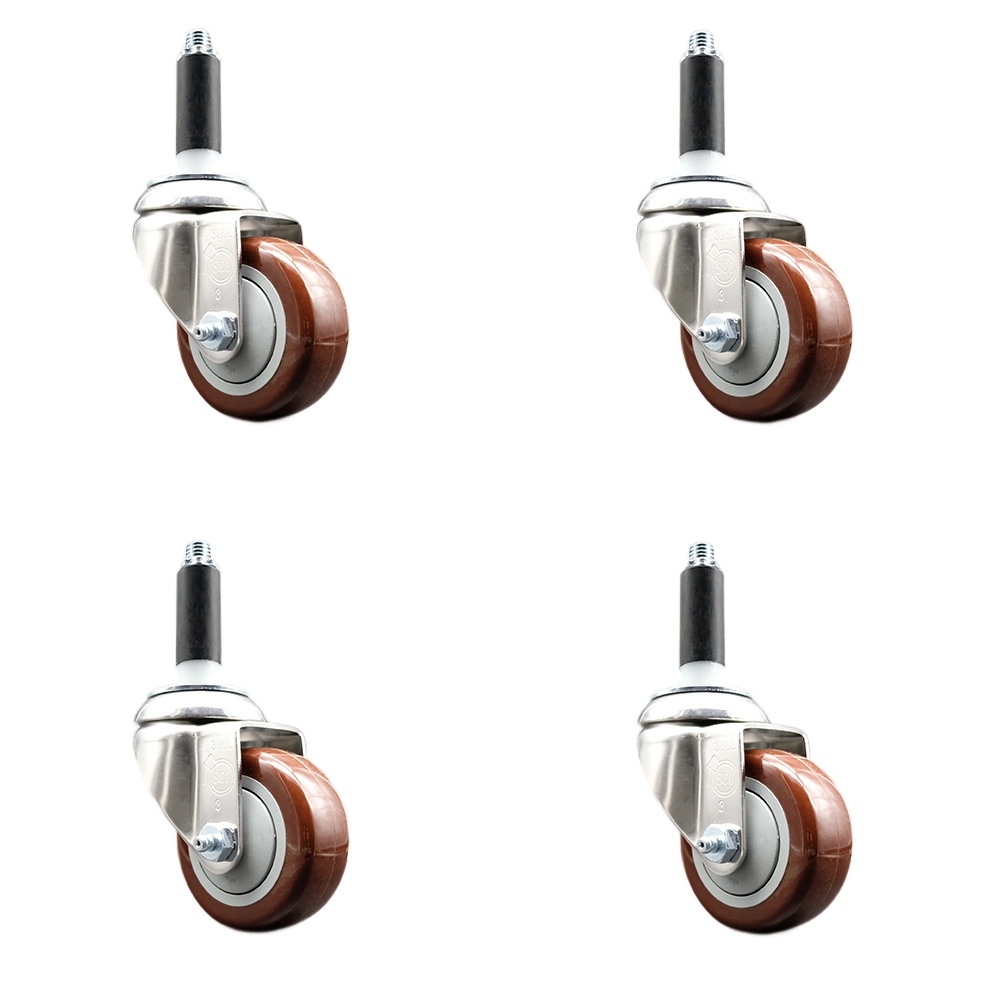 Polyurethane Swivel Stem Caster Set of 4 with 3 Inch Maroon Caster Wheels - 3/4" Expanding Stems - 316 Stainless Steel Casters - Includes 4 Swivel Casters - Service Caster Brand — photo 1