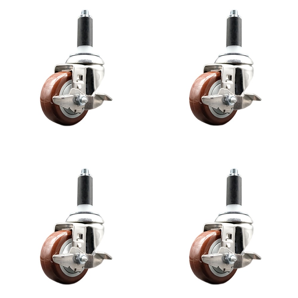 Polyurethane Swivel Stem Caster Set of 4 with 3 Inch Maroon Caster Wheels - 1" Expanding Stems - 316 Stainless Steel Casters - Includes 4 Swivel Casters with Top Lock Brakes - Service Caster Brand — photo 1