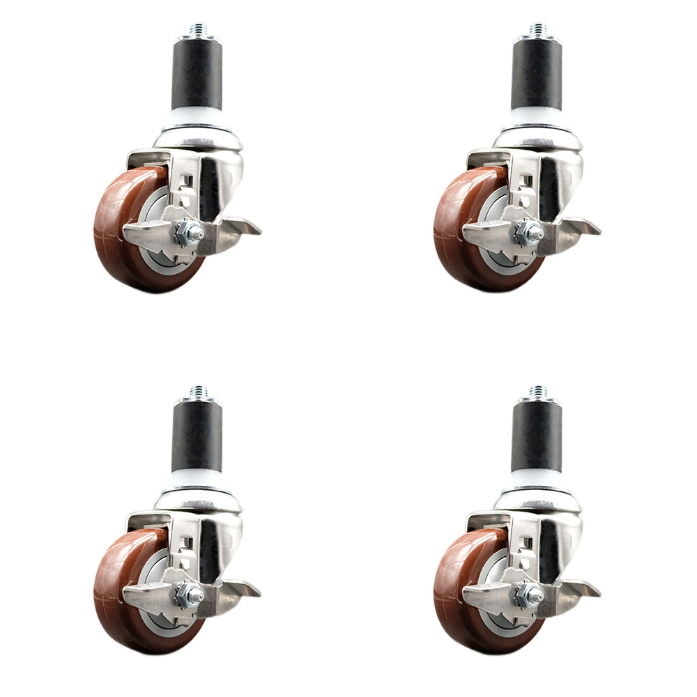 Polyurethane Swivel Stem Caster Set of 4 with 3.5 Inch Maroon Caster Wheels - 1-1/2" Expanding Stems - 316 Stainless Steel Casters - Includes 4 Swivel Casters with Top Lock Brakes-Service Caster Brand — photo 1
