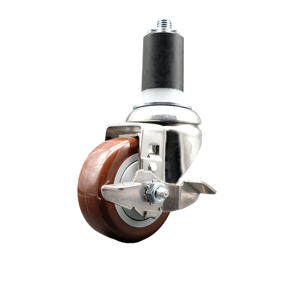Polyurethane Swivel Stem Caster with 3 Inch Maroon Caster Wheel and Top Lock Brake - 1-1/2" Expanding Stem - 316 Stainless Steel Caster - 300 lbs. Capacity Per Caster - Service Caster Brand — photo 1