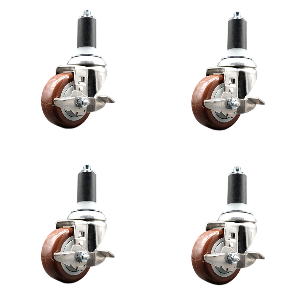 Polyurethane Swivel Stem Caster Set of 4 with 3 Inch Maroon Caster Wheels - 1-1/4" Expanding Stems - 316 Stainless Steel Casters - Includes 4 Swivel Casters with Top Lock Brakes - Service Caster Brand — photo 1