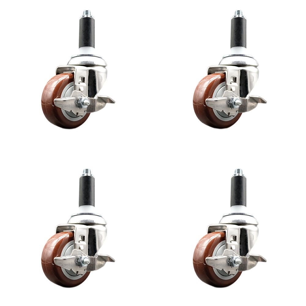 Polyurethane Swivel Stem Caster Set of 4 with 3.5 Inch Maroon Caster Wheels - 1-1/8" Expanding Stems - 316 Stainless Steel Casters - Includes 4 Swivel Casters with Top Lock Brakes-Service Caster Brand — photo 1