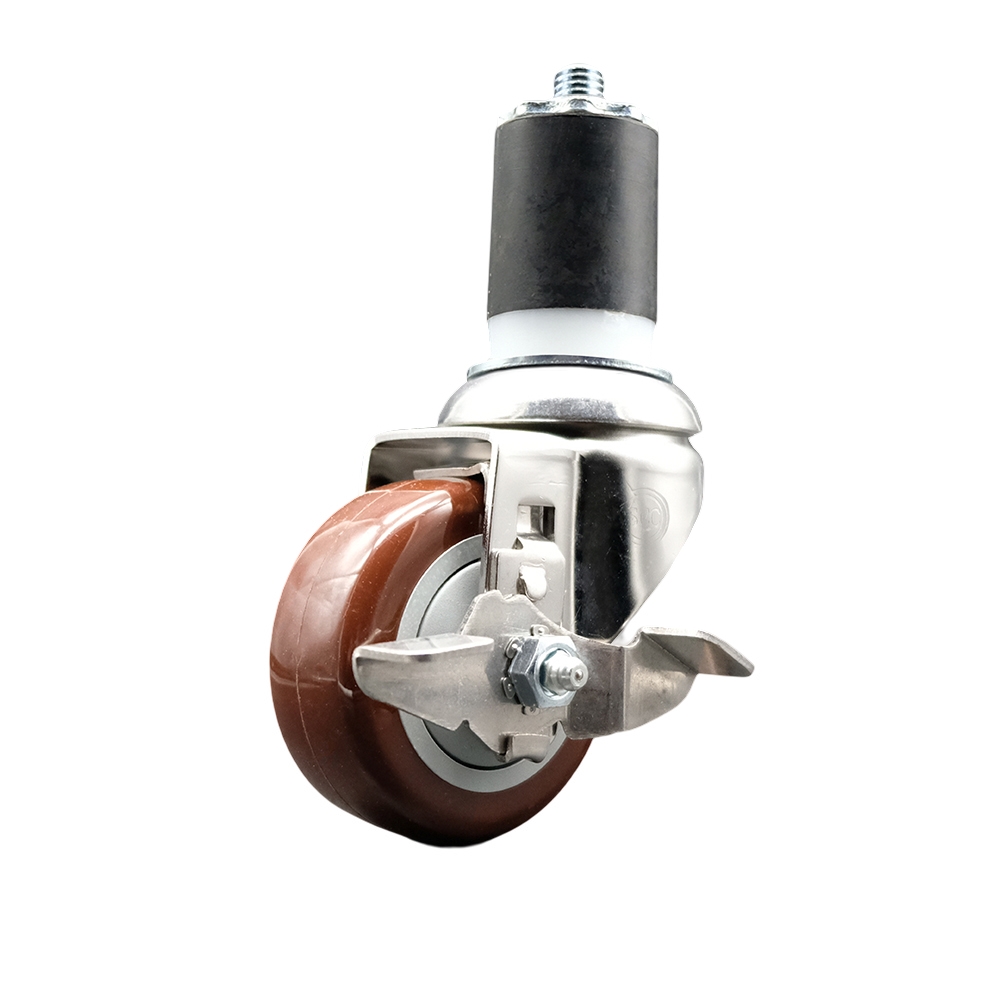 Polyurethane Swivel Stem Caster with 3 Inch Maroon Caster Wheel and Top Lock Brake - 1-3/4" Expanding Stem - 316 Stainless Steel Caster - 300 lbs. Capacity Per Caster - Service Caster Brand — photo 1