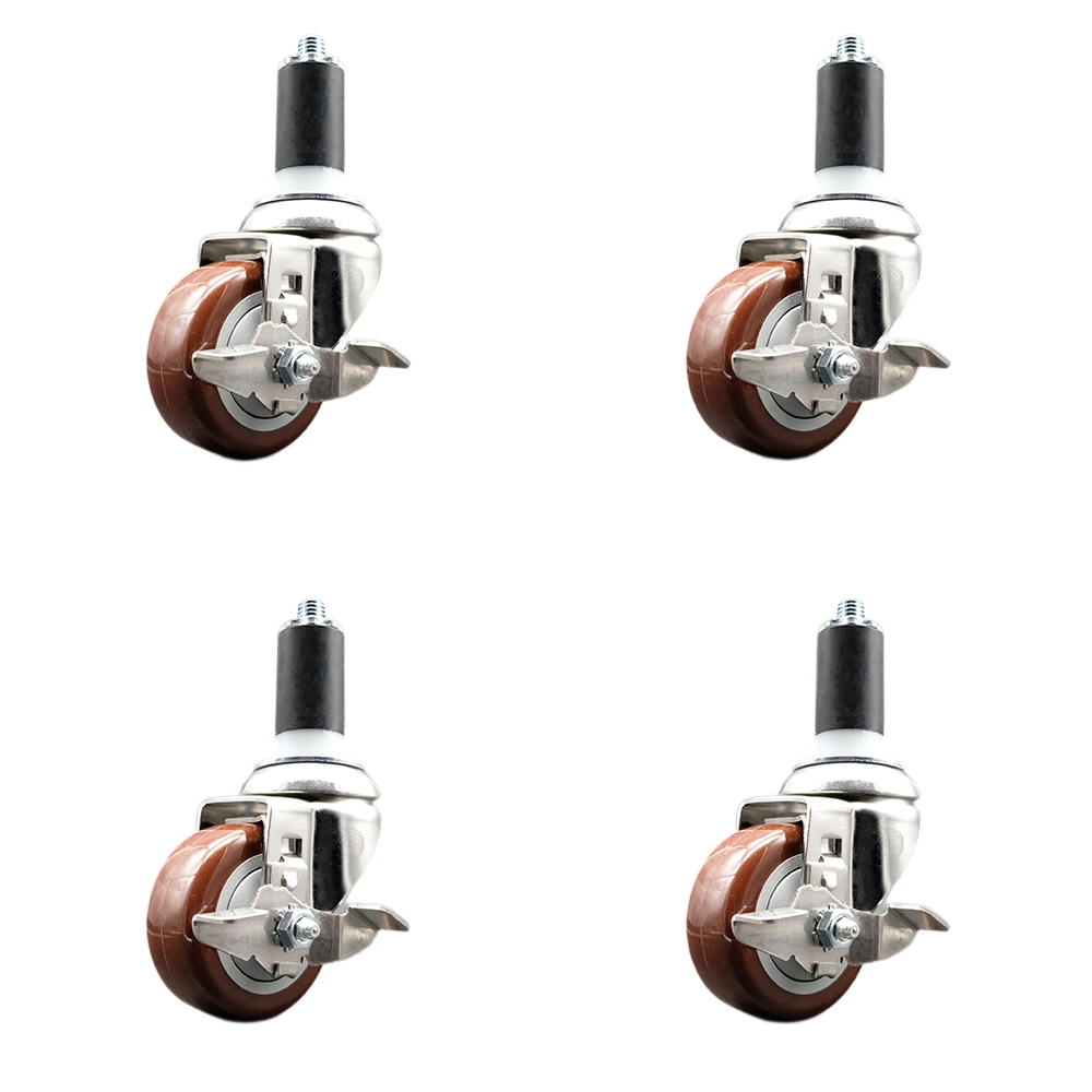 Polyurethane Swivel Stem Caster Set of 4 with 3 Inch Maroon Caster Wheels - 1-3/8" Expanding Stems - 316 Stainless Steel Casters - Includes 4 Swivel Casters with Top Lock Brakes - Service Caster Brand — photo 1