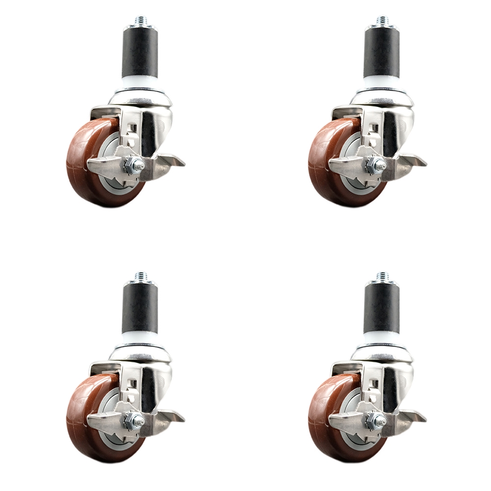 Polyurethane Swivel Stem Caster Set of 4 with 3 Inch Maroon Caster Wheels - 1-5/8" Expanding Stems - 316 Stainless Steel Casters - Includes 4 Swivel Casters with Top Lock Brakes - Service Caster Brand — photo 1