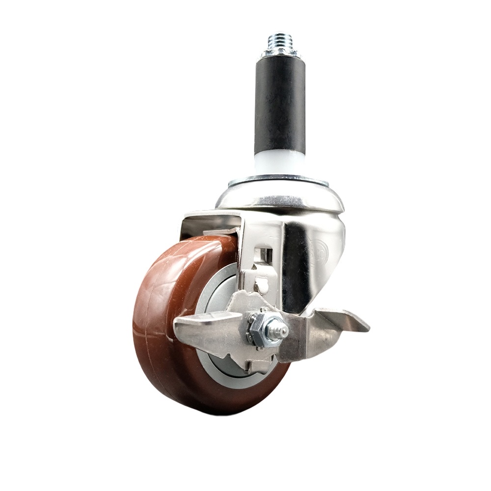 Polyurethane Swivel Stem Caster with 3 Inch Maroon Caster Wheel and Top Lock Brake - 1" Expanding Stem - 316 Stainless Steel Caster - 300 lbs. Capacity Per Caster - Service Caster Brand — photo 1