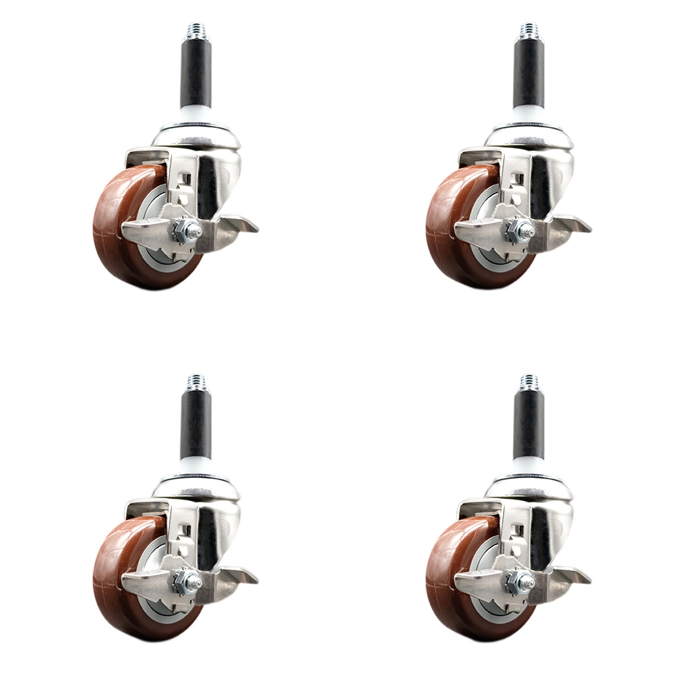 Polyurethane Swivel Stem Caster Set of 4 with 3 Inch Maroon Caster Wheels - 3/4" Expanding Stems - 316 Stainless Steel Casters - Includes 4 Swivel Casters with Top Lock Brakes - Service Caster Brand — photo 1