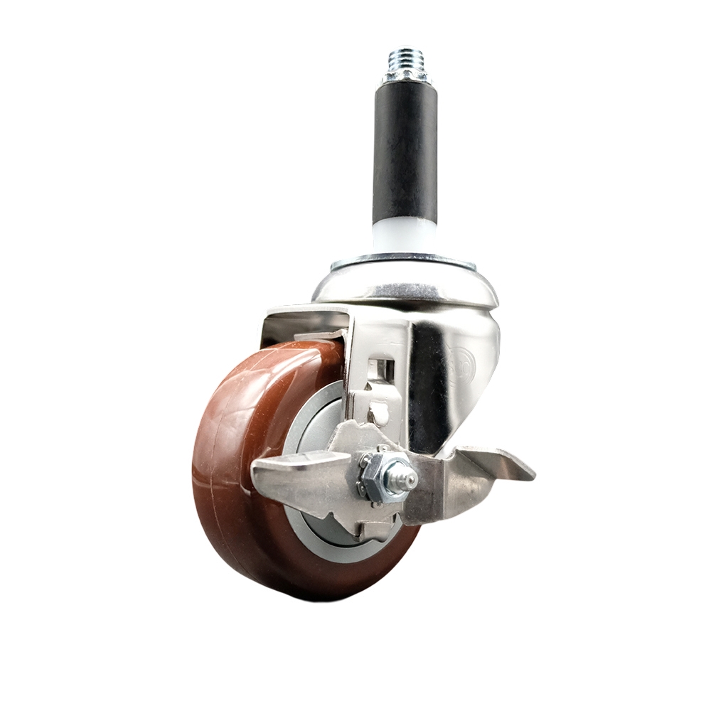 Polyurethane Swivel Stem Caster with 3.5 Inch Maroon Caster Wheel and Top Lock Brake - 3/4" Expanding Stem - 316 Stainless Steel Caster - 300 lbs. Capacity Per Caster - Service Caster Brand — photo 1