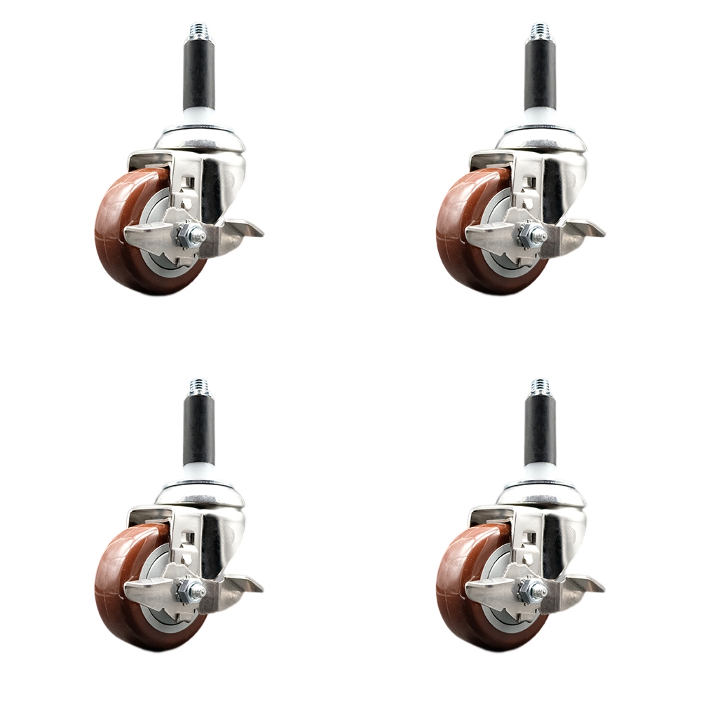 Polyurethane Swivel Stem Caster Set of 4 with 3.5 Inch Maroon Caster Wheels - 7/8" Expanding Stems - 316 Stainless Steel Casters - Includes 4 Swivel Casters with Top Lock Brakes - Service Caster Brand — photo 1