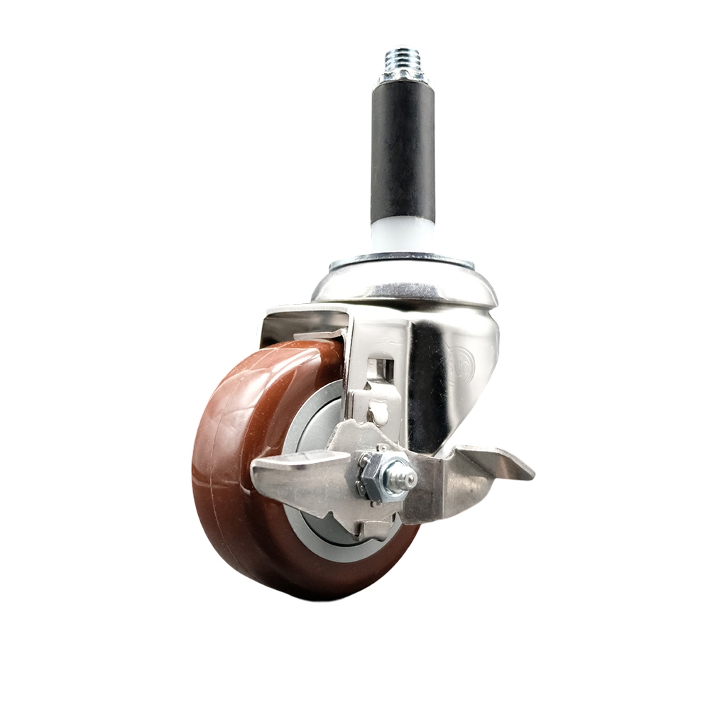 Polyurethane Swivel Stem Caster with 3.5 Inch Maroon Caster Wheel and Top Lock Brake - 7/8" Expanding Stem - 316 Stainless Steel Caster - 300 lbs. Capacity Per Caster - Service Caster Brand — photo 1