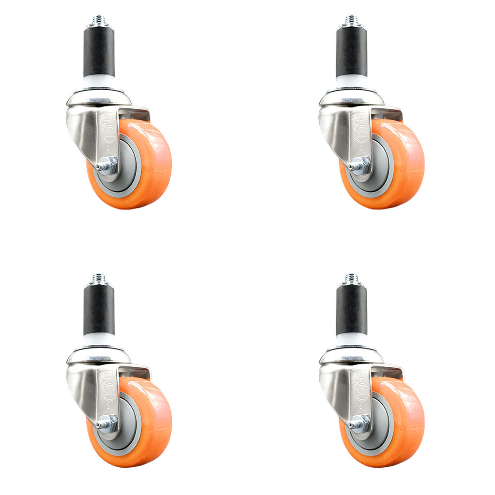 Polyurethane Swivel Stem Caster Set of 4 with 3 Inch Orange Caster Wheels - 1-3/8" Expanding Stems - 316 Stainless Steel Casters - Includes 4 Swivel Casters - Service Caster Brand — photo 1