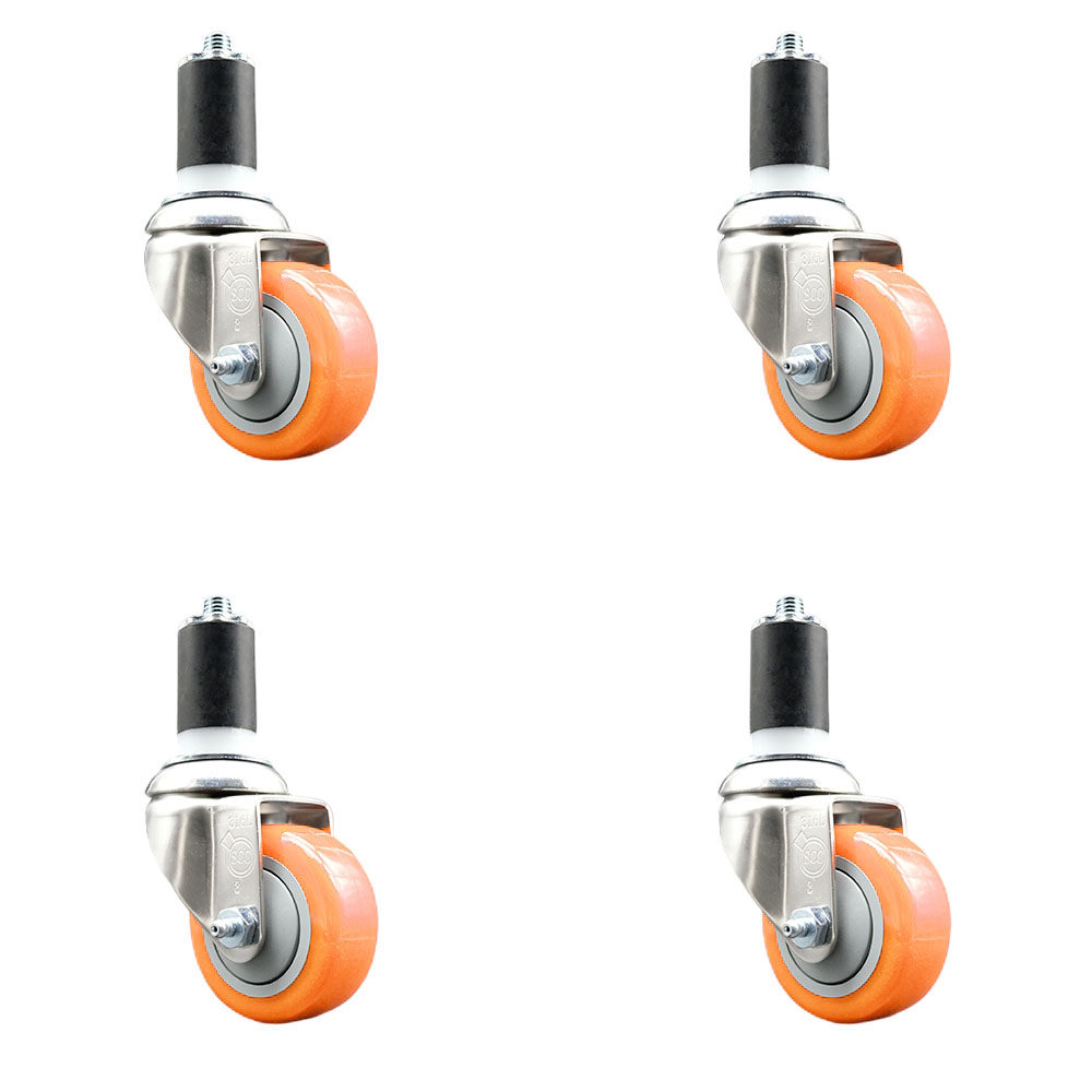 Polyurethane Swivel Stem Caster Set of 4 with 3 Inch Orange Caster Wheels - 1-5/8" Expanding Stems - 316 Stainless Steel Casters - Includes 4 Swivel Casters - Service Caster Brand — photo 1