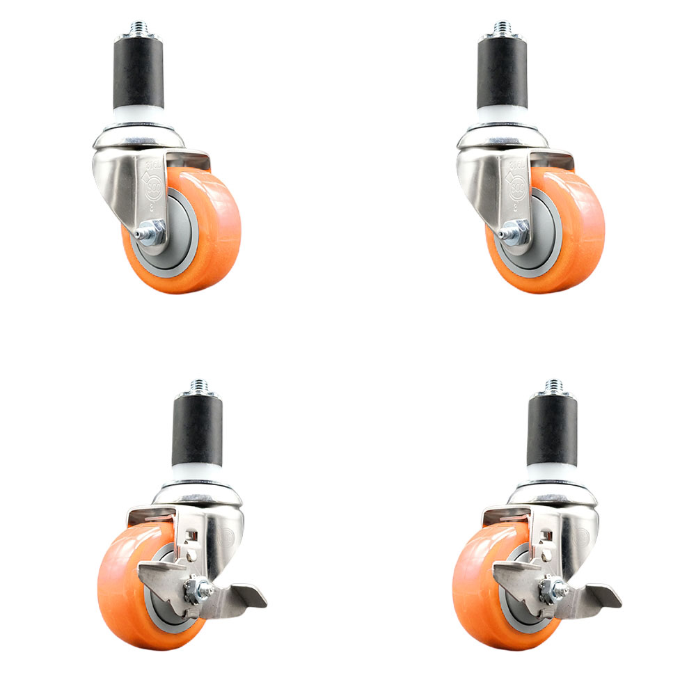 Polyurethane Swivel Stem Caster Set of 4 with 3 Inch Orange Caster Wheels - 1-1/2" Expanding Stems -316 Stainless Steel Casters-Includes 2 Swivel with Top Lock Brakes and 2 Swivel-Service Caster Brand — photo 1