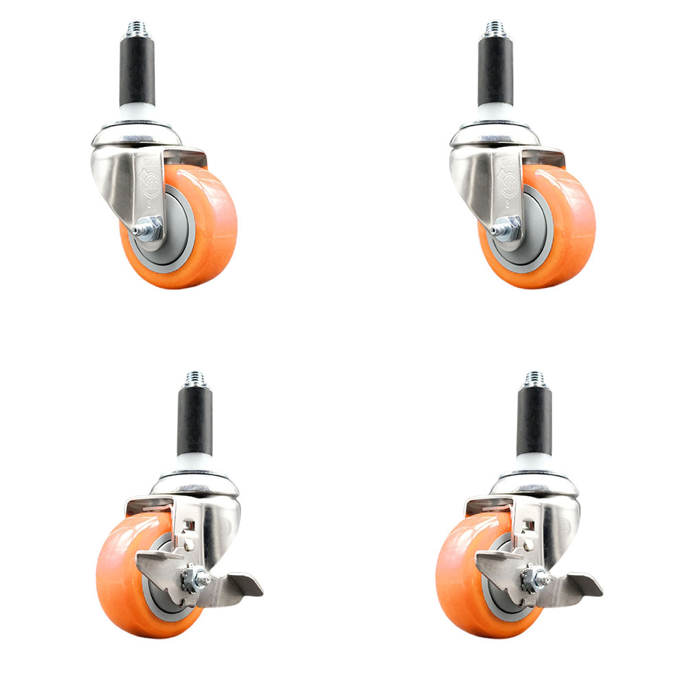 Polyurethane Swivel Stem Caster Set of 4 with 3 Inch Orange Caster Wheels - 1-1/8" Expanding Stems -316 Stainless Steel Casters-Includes 2 Swivel with Top Lock Brakes and 2 Swivel-Service Caster Brand — photo 1